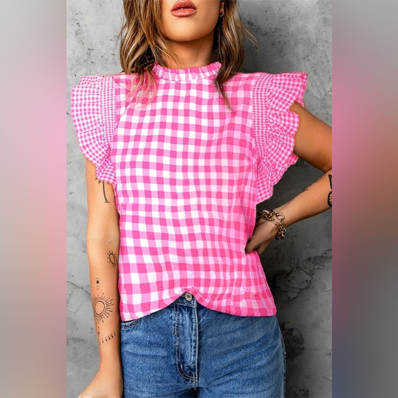 Tops - Ruffled Plaid Mock Neck Cap Sleeve Blouse